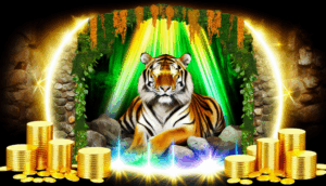 alt_text: A majestic tiger in a vibrant jungle symbolizes fortune, framed by gold coins and mystical light.