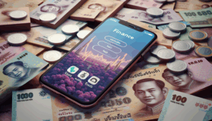 Photorealistic cover featuring a smartphone with a finance app and Thai baht, emphasizing trust.