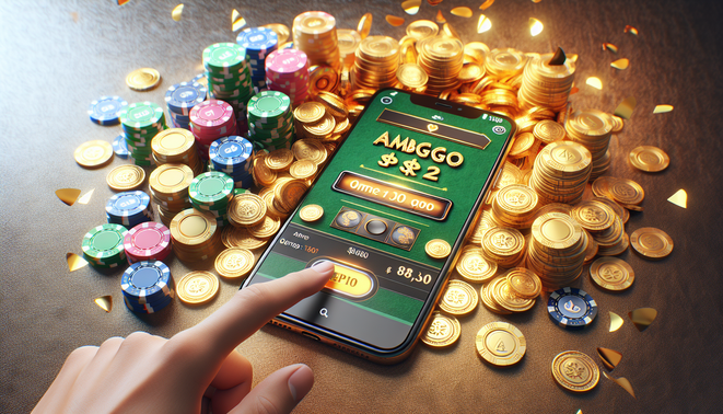 alt_text: A smartphone displays "ambgogo เครดิตฟรี ไม่ต้องแชร์," surrounded by gold coins and casino chips.