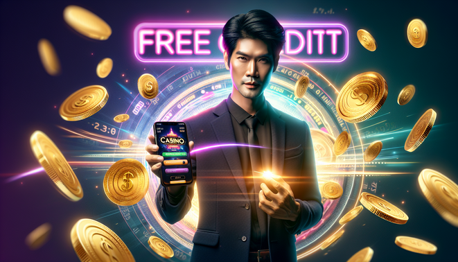 Confident Thai adult with smartphone, showcasing casino app, gold coins, and neon headline text.