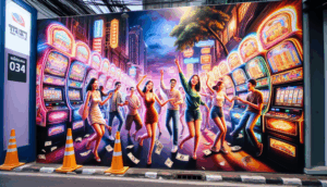 Alt text: A vibrant Bangkok street scene with young adults celebrating near neon-lit slot machines.