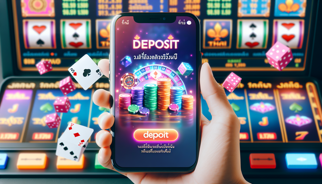 Photorealistic mobile casino app cover showcasing deposit screen, Thai text, and vibrant casino elements.
