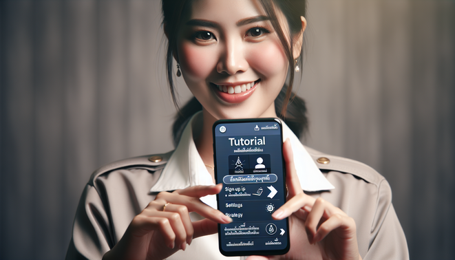 alt_text: Photorealistic cover for "ambgogo วิธีเล่น" tutorial featuring a friendly Thai adult with a smartphone.