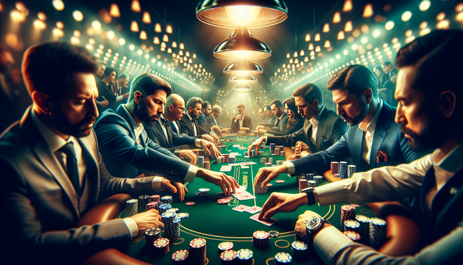 Photorealistic cover for "ambgogo ป๊อกเด้ง": dynamic poker scene with players enjoying card game.
