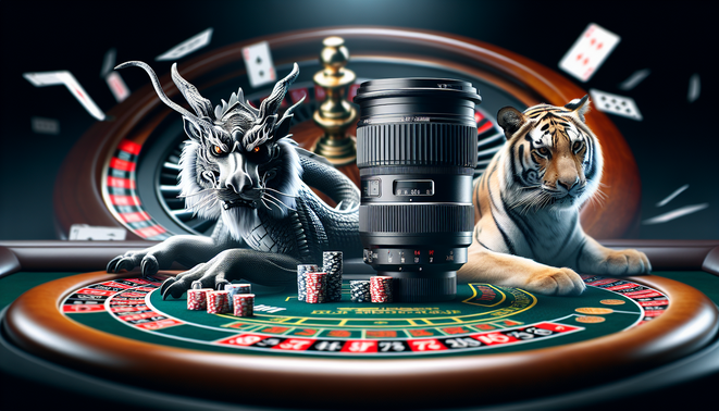 alt_text: "Cinematic cover for 'ambgogo Dragon Tiger' featuring a dragon and tiger over a casino layout."