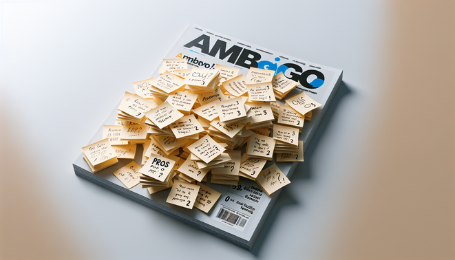 Photorealistic magazine cover with pros and cons sticky notes for "ambgogo ข้อดีข้อเสีย" article.