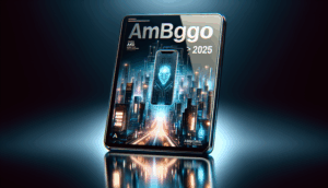 alt_text: Sleek magazine cover for 'ambgogo ใหม่ล่าสุด 2025' featuring a modern smartphone and neon city backdrop.