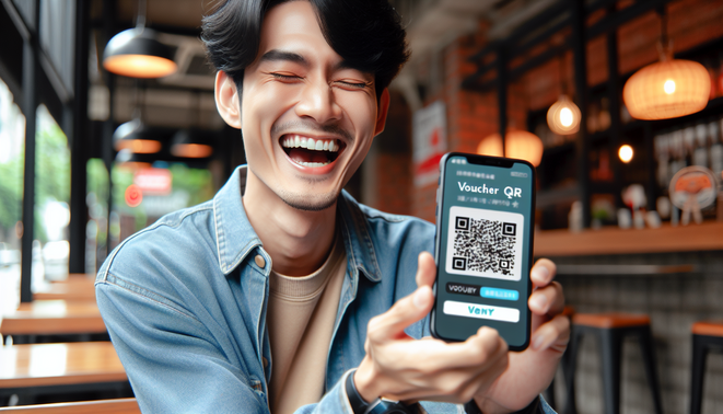 alt_text: "Photorealistic cover for 'ambgogo โค้ดฟรี', showcasing a smiling Asian adult with a voucher QR on a smartphone."