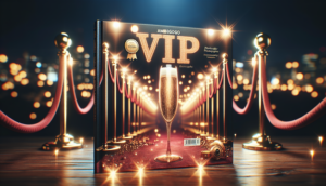 Luxury cover design featuring 'ambgogo VIP' badge, velvet ropes, champagne, and warm city lights.