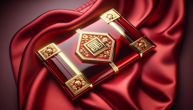 alt_text: Glossy red ang pao envelope with gold accents on crimson silk; elegant ambgogo branding showcased.